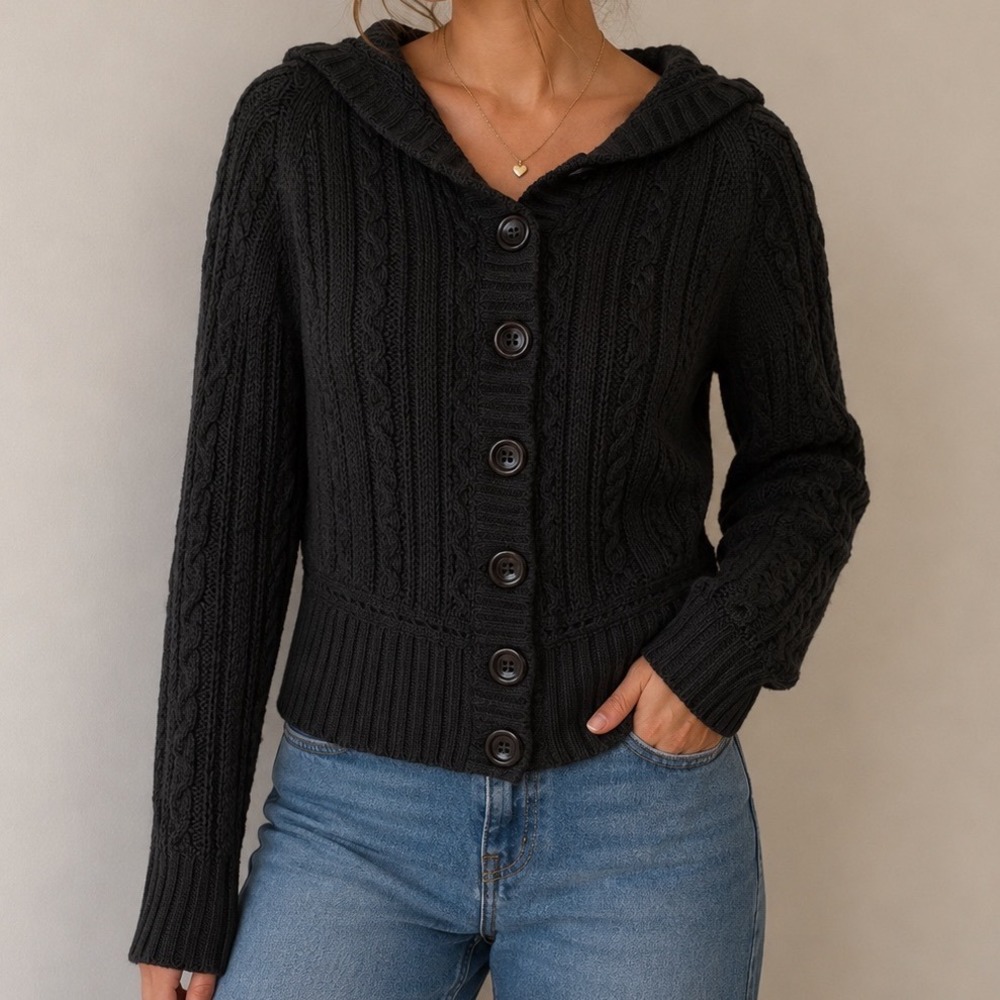 Lou Lou Black Cable Knit Hooded Cardigan Sweater M Gothic Grunge Dark Academia